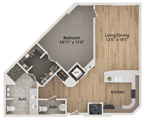 Floor plan for 1 bed, 1.5 baths, 942 sqft